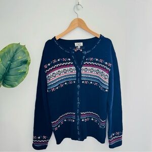 MAT COLLECTION | Vintage Wool Fair Isle Cardigan Sweater Navy Blue Large